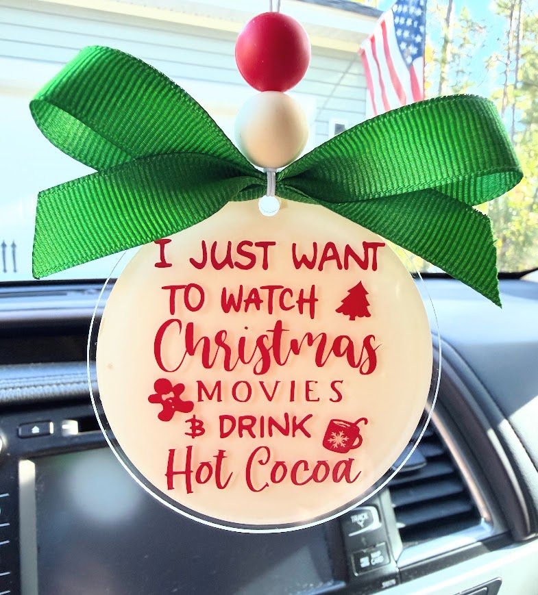 "Christmas Movies and Hot Cocoa" Car Charm - Custom Acrylic Rearview Mirror Accessory