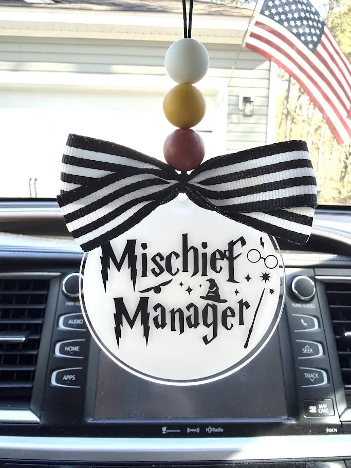 "Mischief Manager" Car Charm - Custom Acrylic Rearview Mirror Accessory