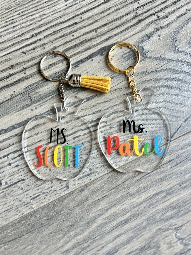 Apple Acrylic Keychain with Rainbow Name for Teachers