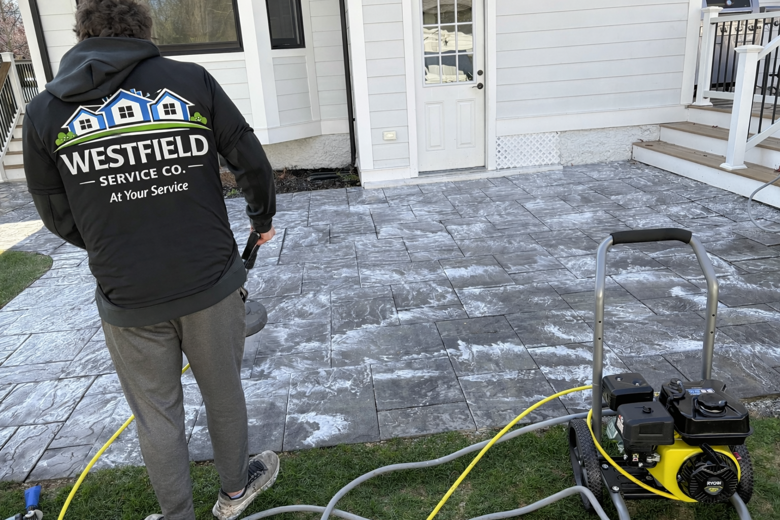 Cleaning a stone patio with a power washer by a worker from Westfield Service Co.