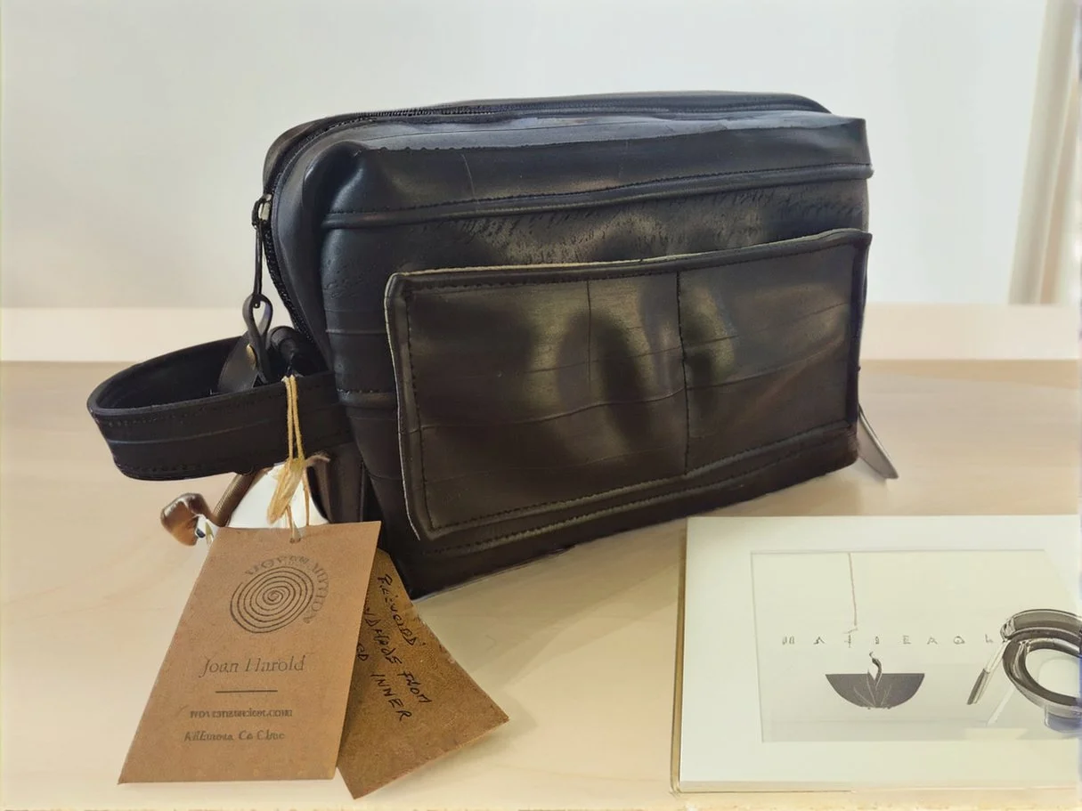 Black leather toiletry bag with tags and a rolled-up belt on a light-colored surface.