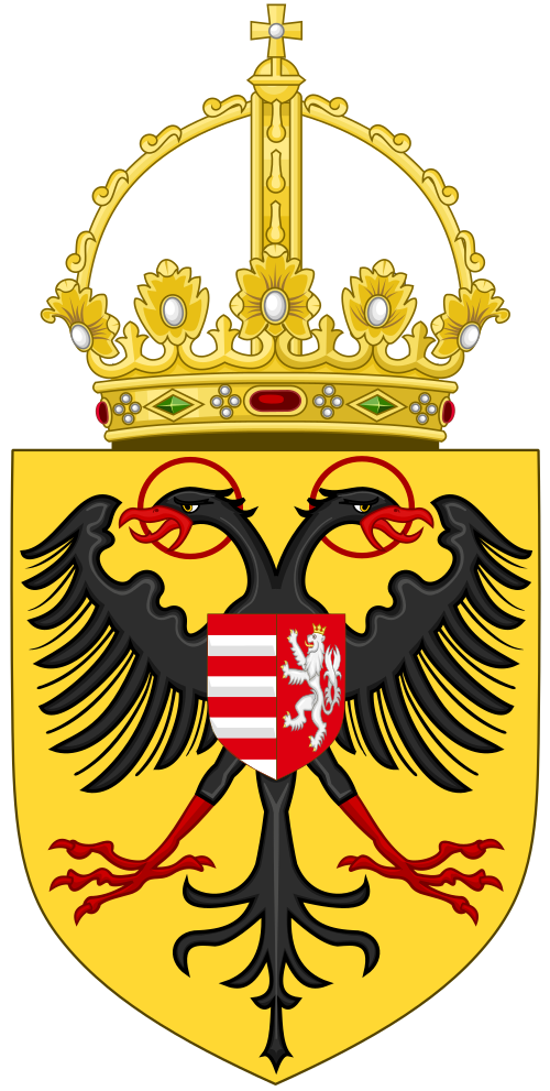 Coat of arms featuring a black eagle with a red tongue and claws, crowned with a golden crown, on a yellow shield. The eagle holds a shield with red and white stripes and a silver lion.