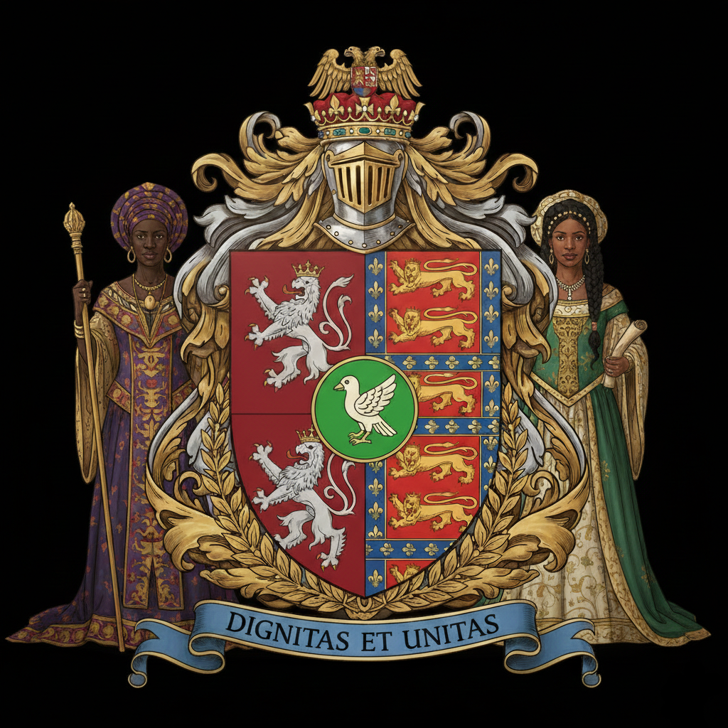 A detailed coat of arms with two women dressed in royal attire on either side. The coat of arms features a shield with three lions, a red and blue background, and a green circle with a white duck. The shield is topped with a royal crown and an eagle. The banner below reads "DIGNITAS ET UNITAS."