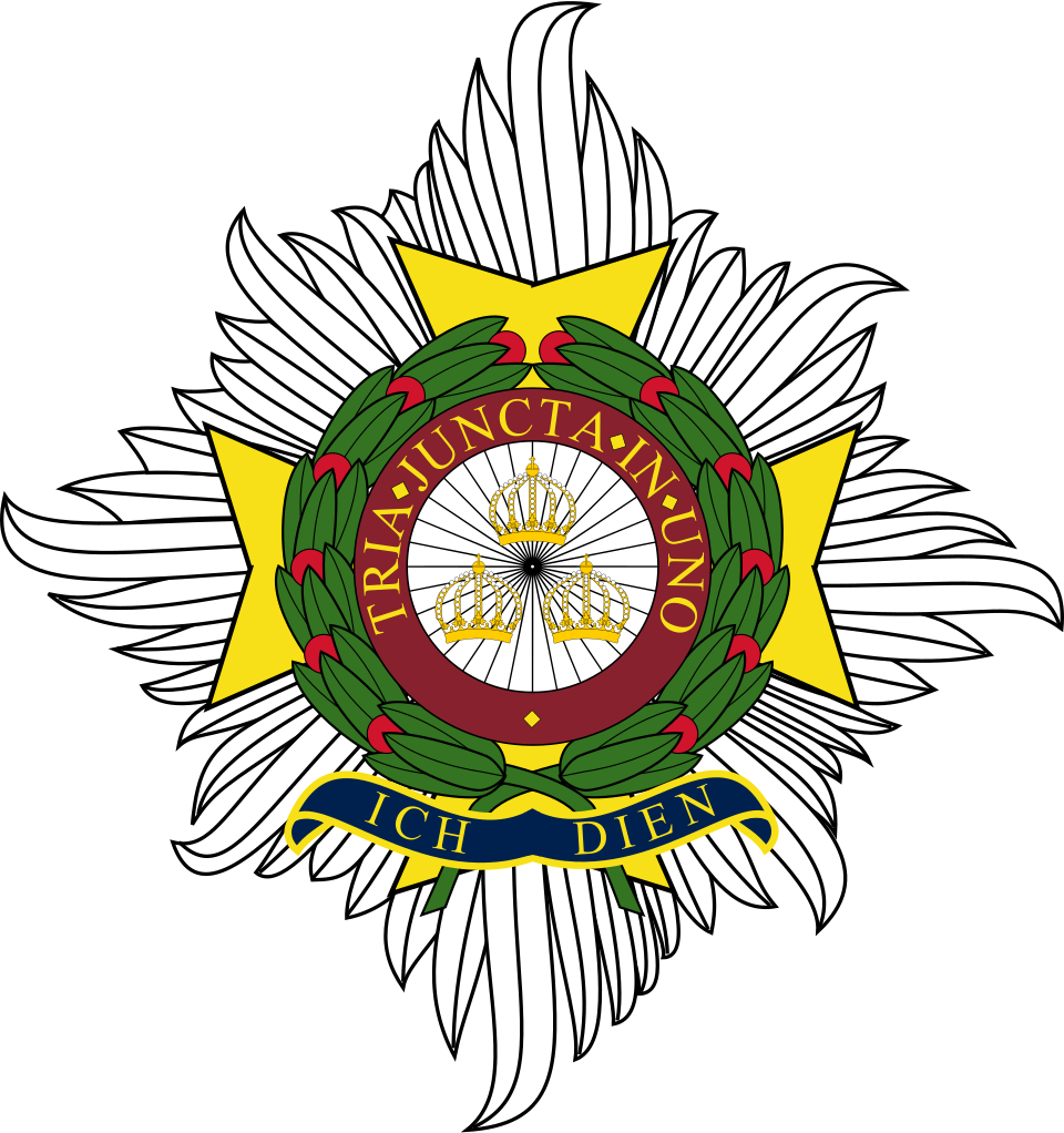 An insignia featuring crown motifs, a wreath, and a Latin phrase on a black background.