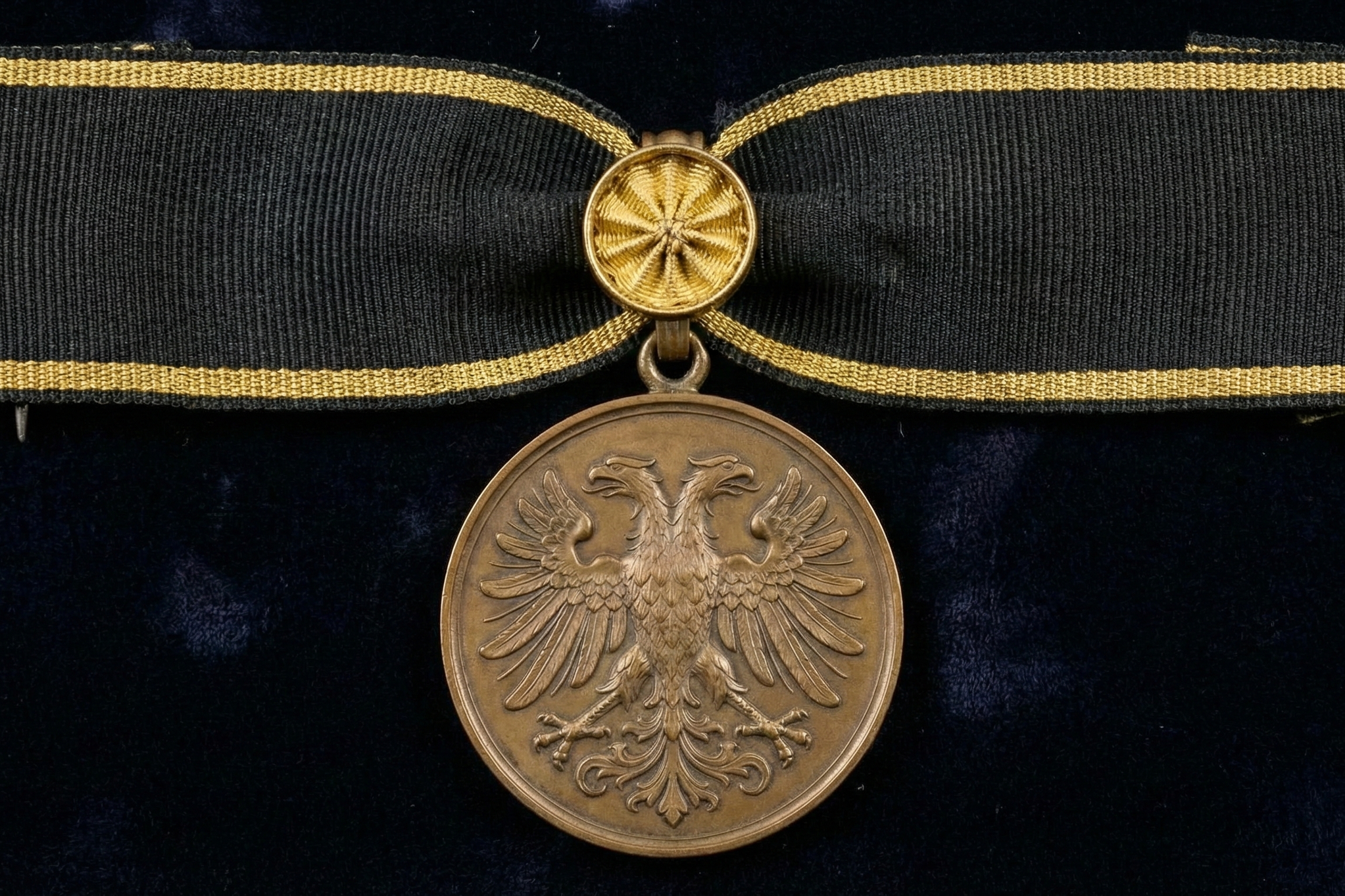 A bronze medal with an eagle design, attached to a black ribbon with gold edges, and a decorative gold clasp.