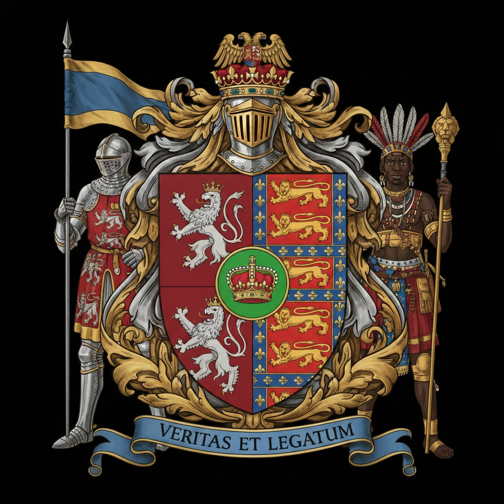 The coat of arms of the Netherlands featuring a central shield with lions and a crown, flanked by a knight in armor on the left and a native figure in traditional attire on the right, with a banner at the bottom reading "Veritas et Legatum."