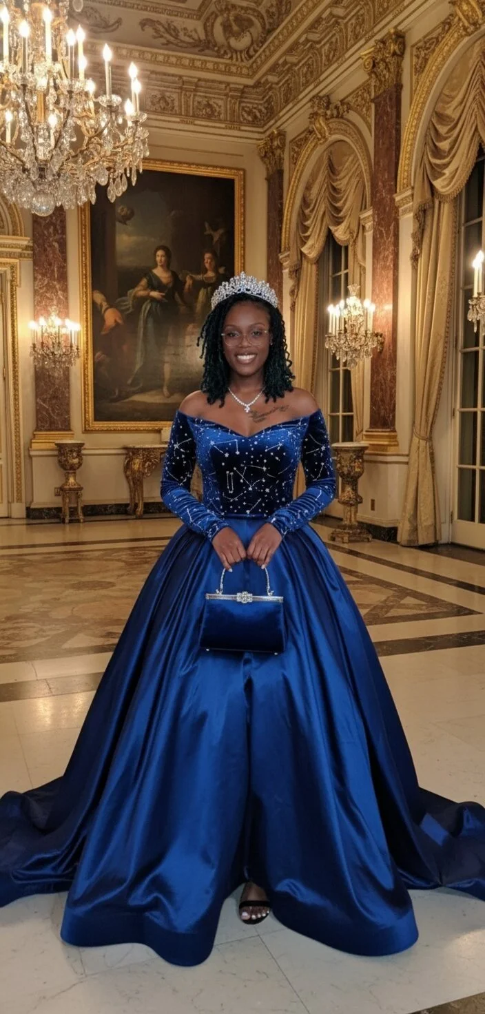 Woman in a blue, star-themed gown and tiara standing in an ornate, chandelier-lit, gold-accented room with large portrait painting behind her, holding a matching blue clutch.