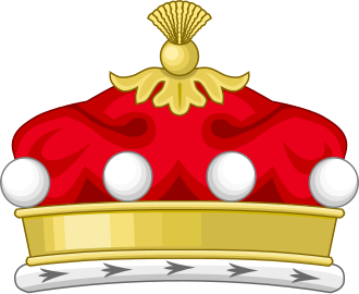 Illustration of a gold crown with red and white decorations, resembling a royal crown.