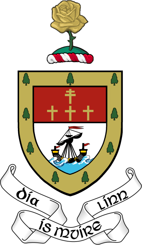 The coat of arms of Madeira featuring a shield with a sailing ship, surrounded by green pine trees, topped with a golden rose and a red and white twisted ribbon, with a motto in Portuguese.