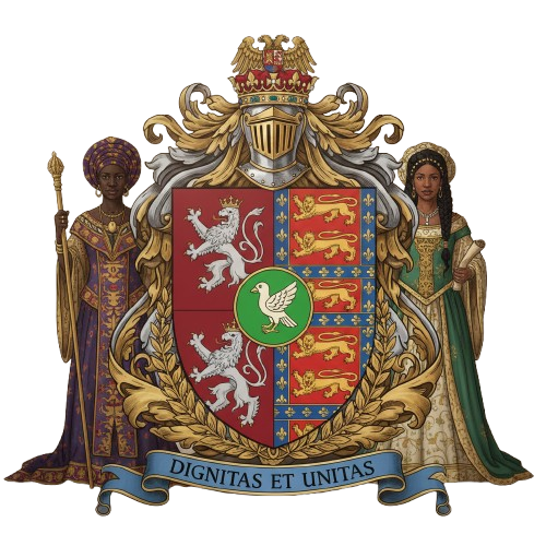 A heraldic coat of arms with two regal women standing on either side, one in purple and gold attire holding a spear, and the other in green and gold holding a sword. The coat of arms features a shield with lions, a lion, and a bird, topped by a crown and surrounded by ornate gold foliage, with a banner that reads "DIGNITAS ET UNITAS."