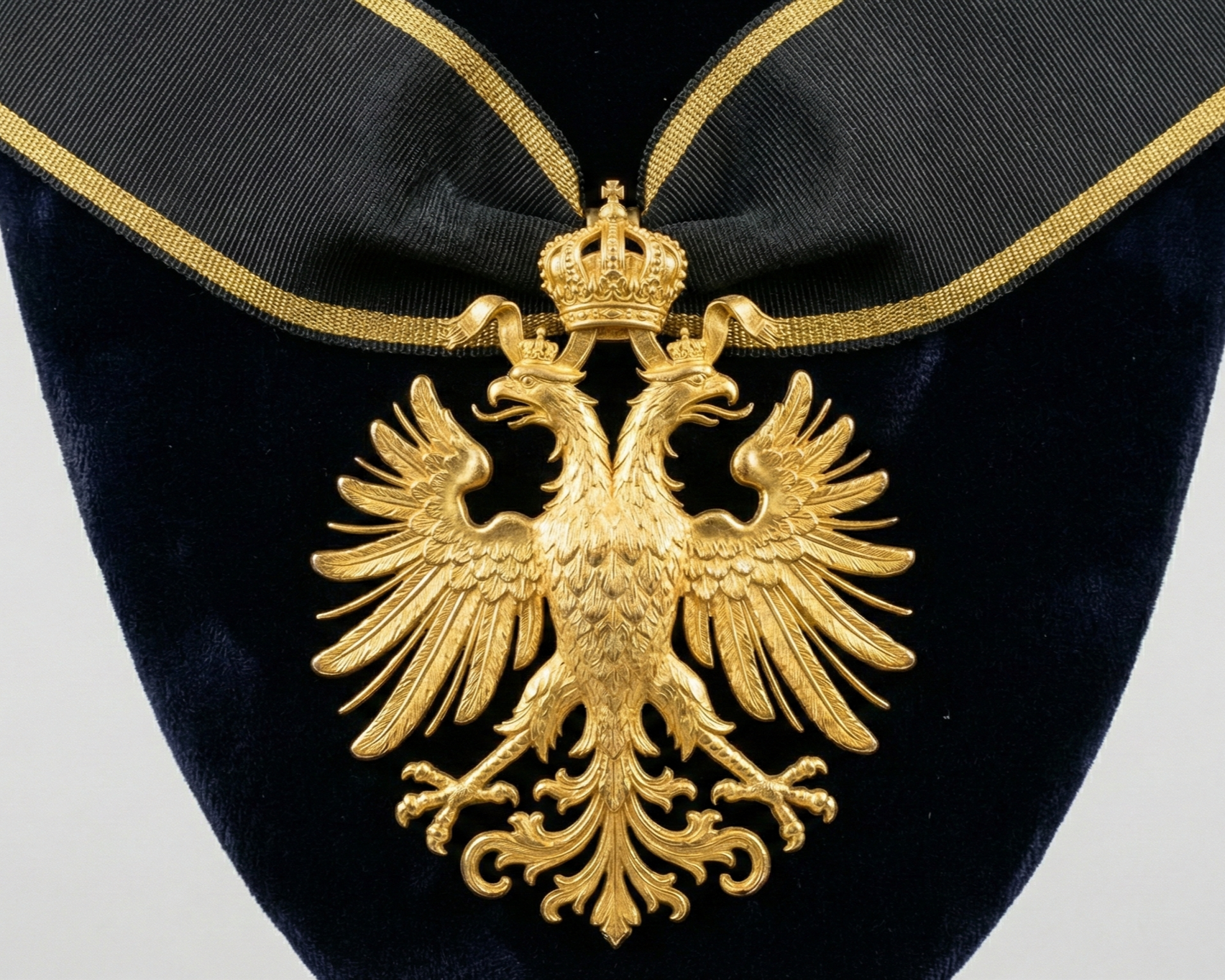 Gold emblem of a double-headed eagle with a crown on top, attached to a black and gold ribbon, displayed on a black velvet background.
