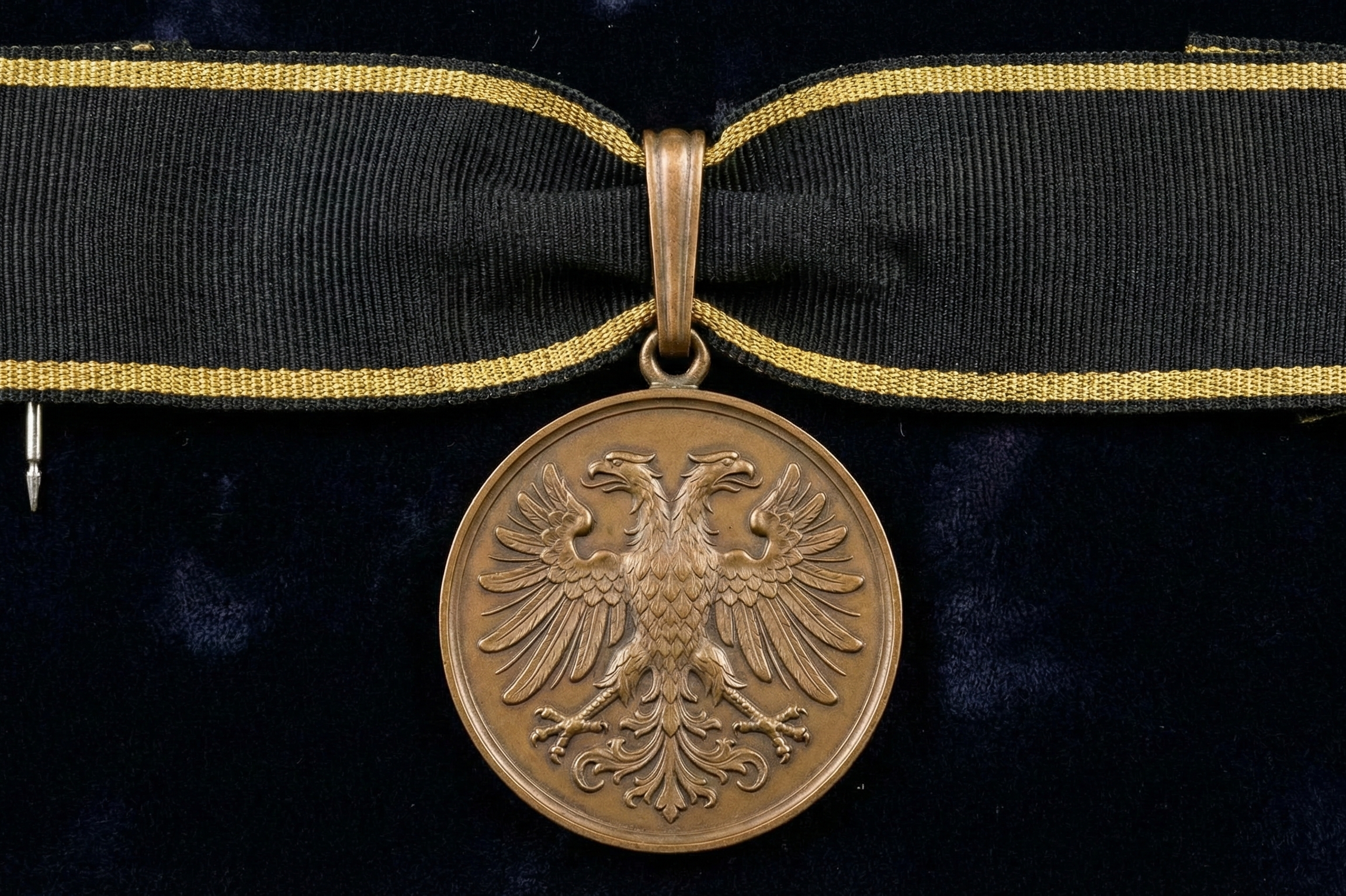 A bronze medal with an eagle crest hanging from a black ribbon with gold trim.