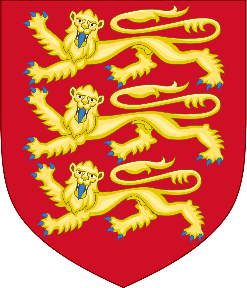A heraldic shield featuring three yellow lions with blue claws and tongues on a red background.