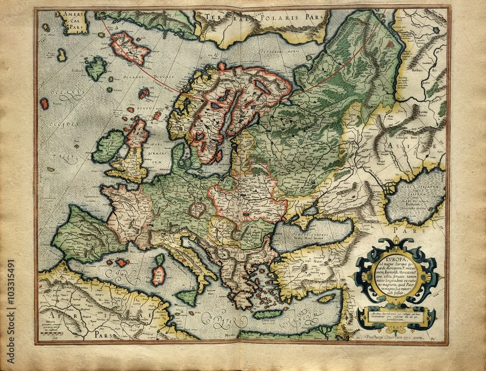 A vintage map of Europe showing countries, regions, and major bodies of water, decorated with ornate borders and Latin labels.