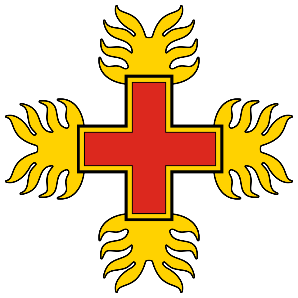 A black and yellow heraldic emblem featuring a red cross in the center, with yellow flaming shapes surrounding it.