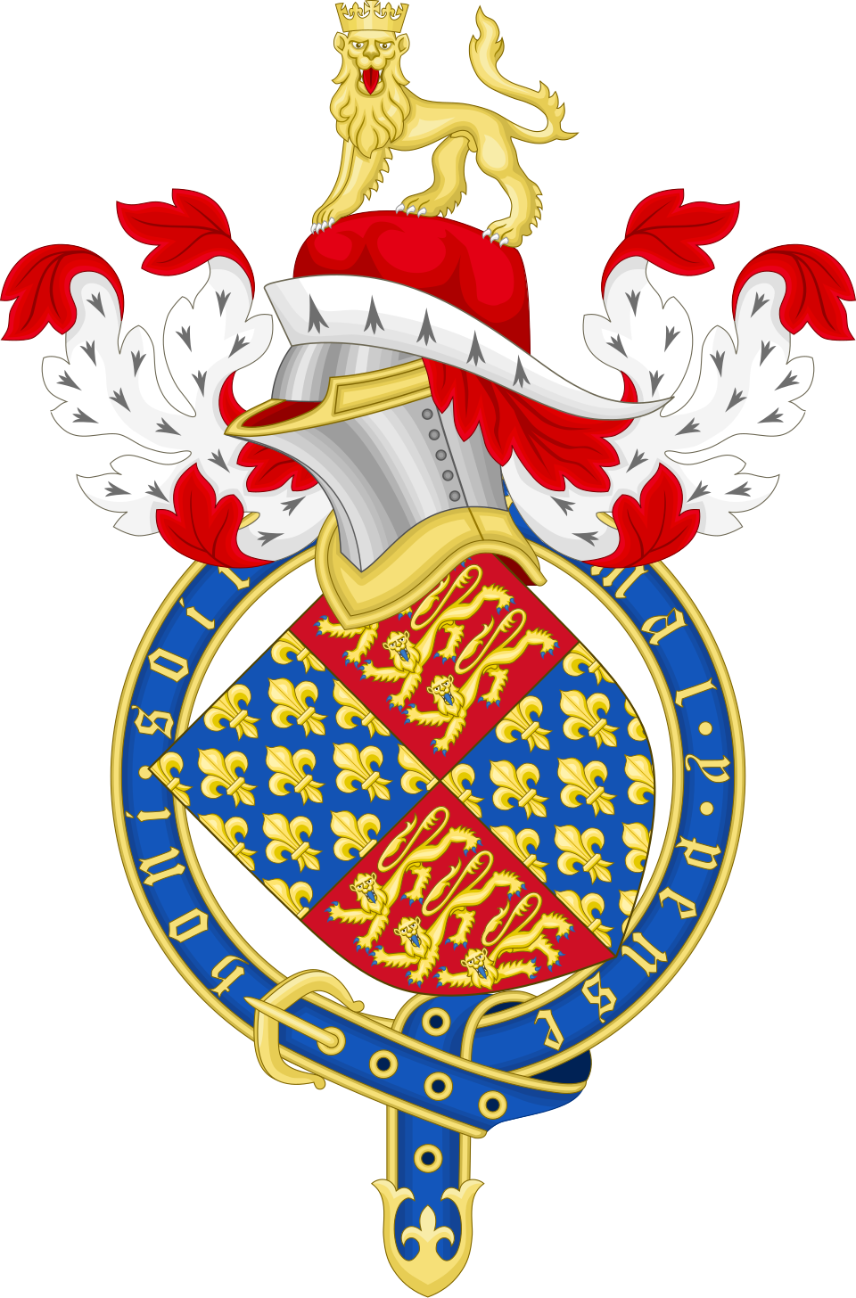 A detailed heraldic coat of arms featuring a shield with a red and blue field, topped with a golden lion and surrounded by a blue band with gold inscriptions. A silver helmet with red and white plumes and a gold crown are above the shield, with a golden lion standing on a red cushion at the top.