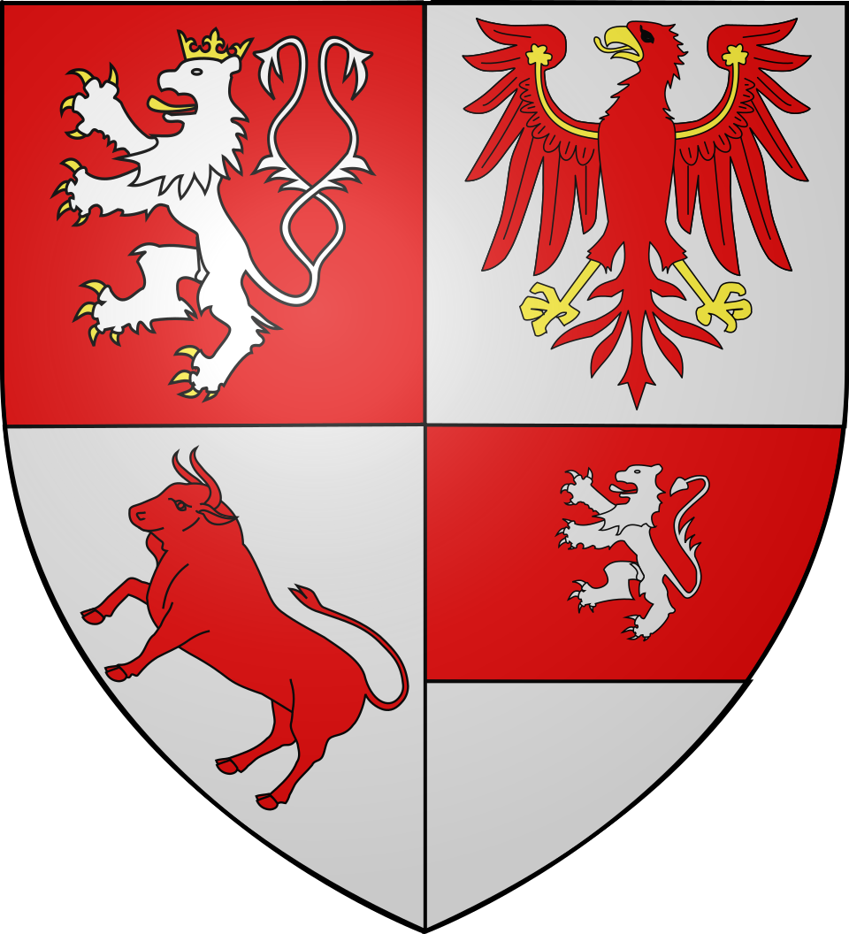 Coat of arms of Hamburg, Germany, featuring a white unicorn with a crown and a sword on a red background, a red eagle with yellow accents on a gray background, a red bull on a white background, and a white lion on a red background.