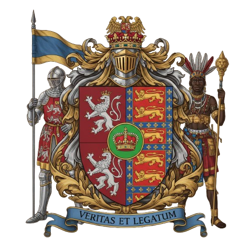 A detailed coat of arms featuring a central shield with lions and a crown, flanked by a knight in armor on the left and a Native American man in traditional attire on the right, with a blue banner, gold decorative elements, and a Latin motto 'Veritas et Legatum' at the bottom.