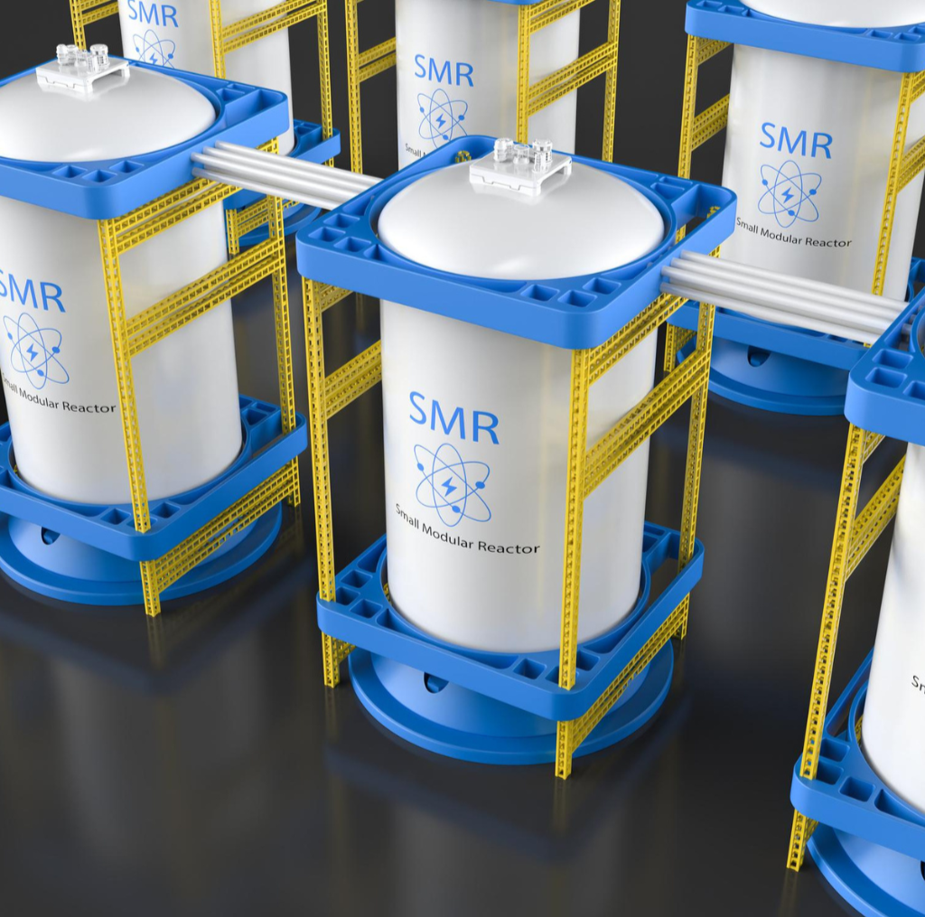 Multiple small modular nuclear reactors labeled 'SMR' on white cylindrical containers, supported by yellow and blue metal framework.