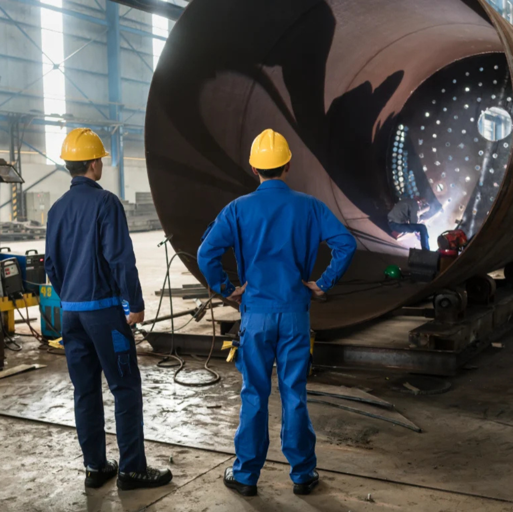Two workers in blue uniforms and yellow helmets standing inside a factory or industrial warehouse, observing a large cylindrical metal object being assembled or maintained, with one worker welding or inspecting inside the cylinder.