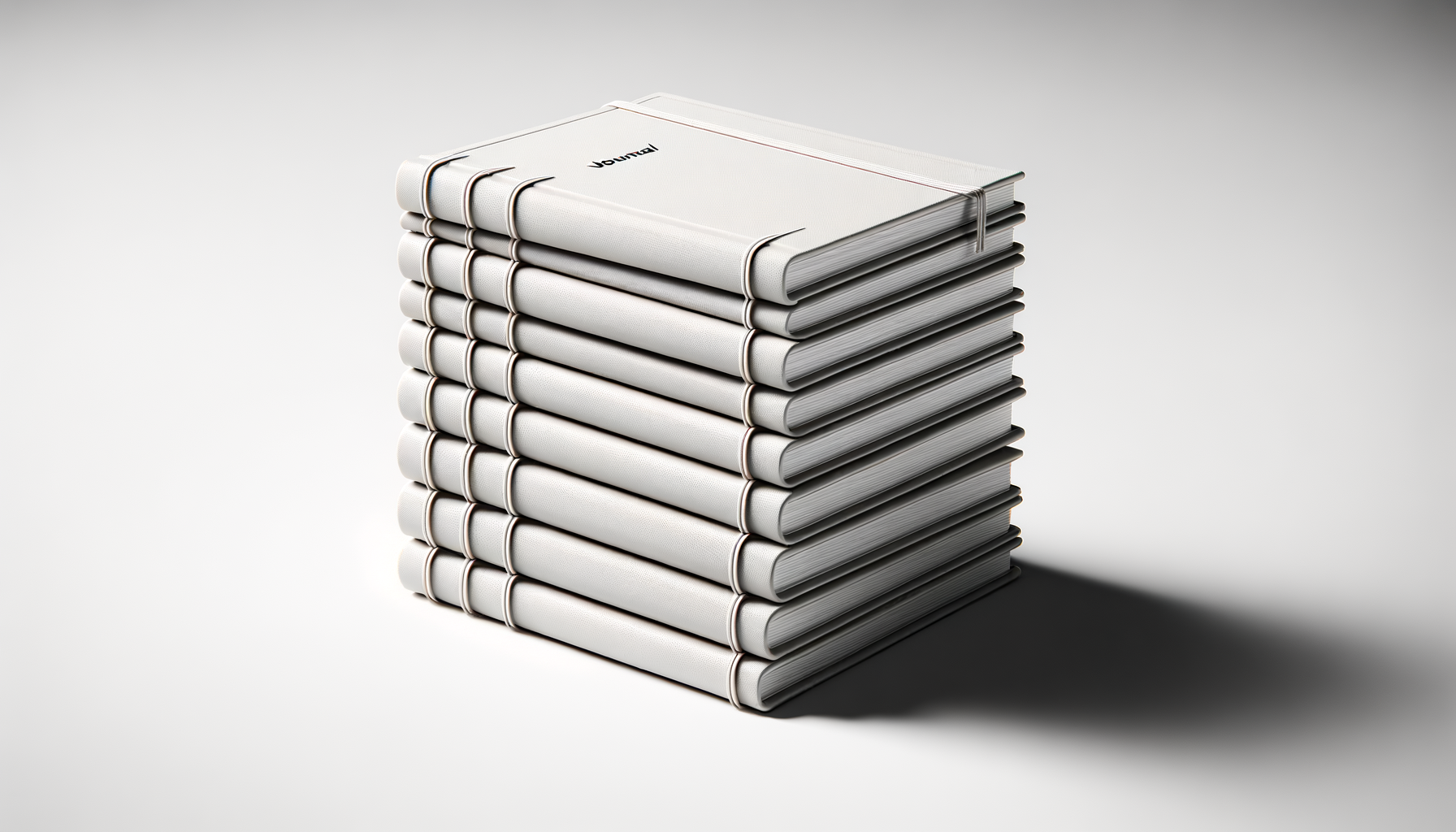 A neatly stacked pile of white journals or notebooks with elastic bands on a plain surface.