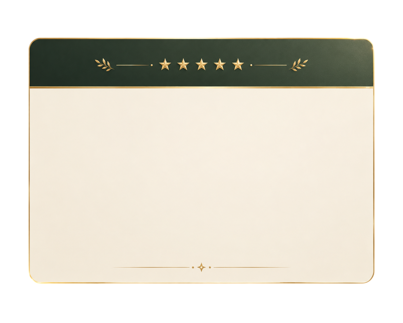 A blank certificate with a dark green top border featuring five gold stars and decorative leaves, and a gold border around the edges.