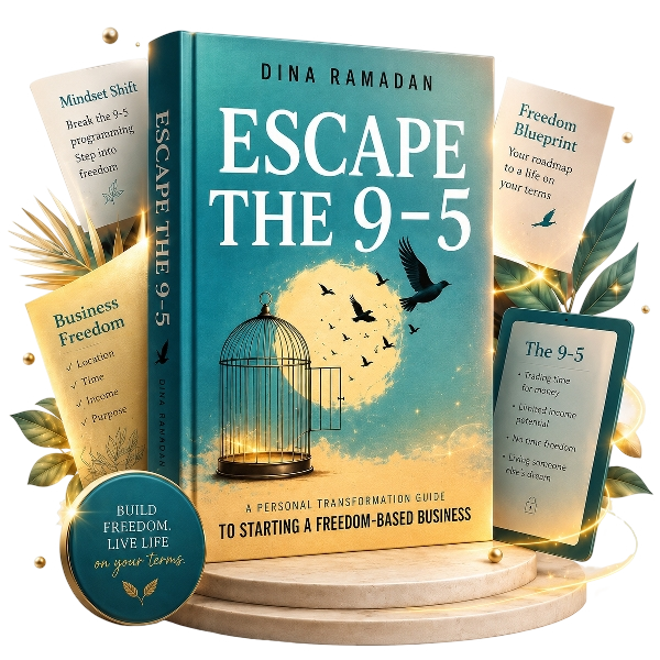 Book titled "Escape the 9-5" by Dina Ramadan, surrounded by related notes about business freedom, mindset shift, and a blueprint for freedom in business, with a decorative background including a birdcage, birds flying, and a moon.