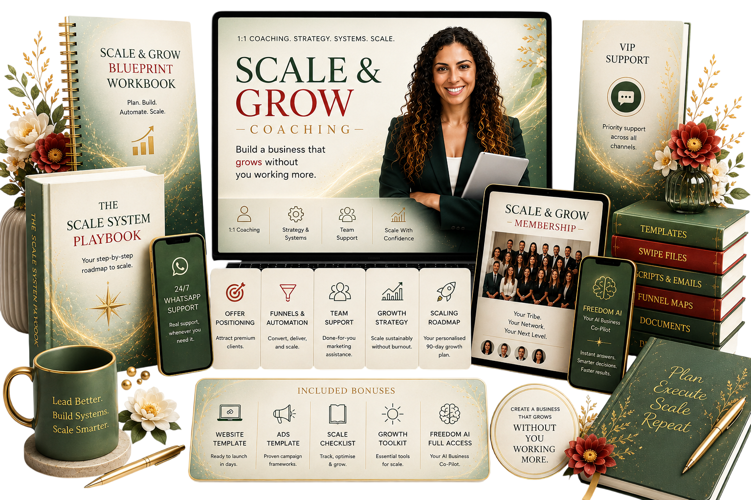 A collection of coaching and business growth materials, including a laptop screen displaying 'Scale & Grow Coaching' with smiling woman, books titled 'Scale & Grow Blueprint Workbook,' 'The Scale System Playbook,' and 'Templates, Swipe Files, Scripts & Emails,' smartphones showing support and strategy apps, and various printed guides and notebooks with business growth tools and support resources.