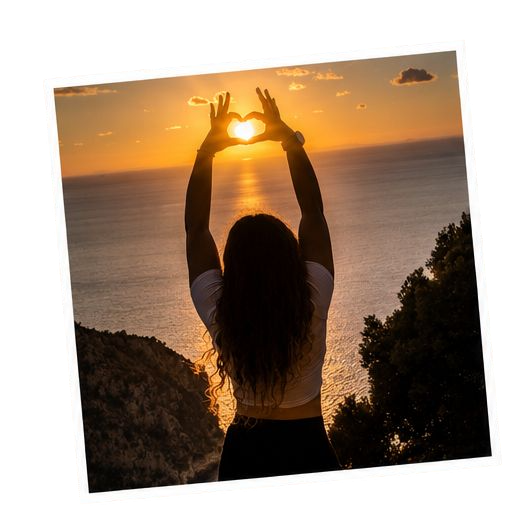 A woman standing on a hilltop during sunset, creating a heart shape with her hands around the sun over the ocean.