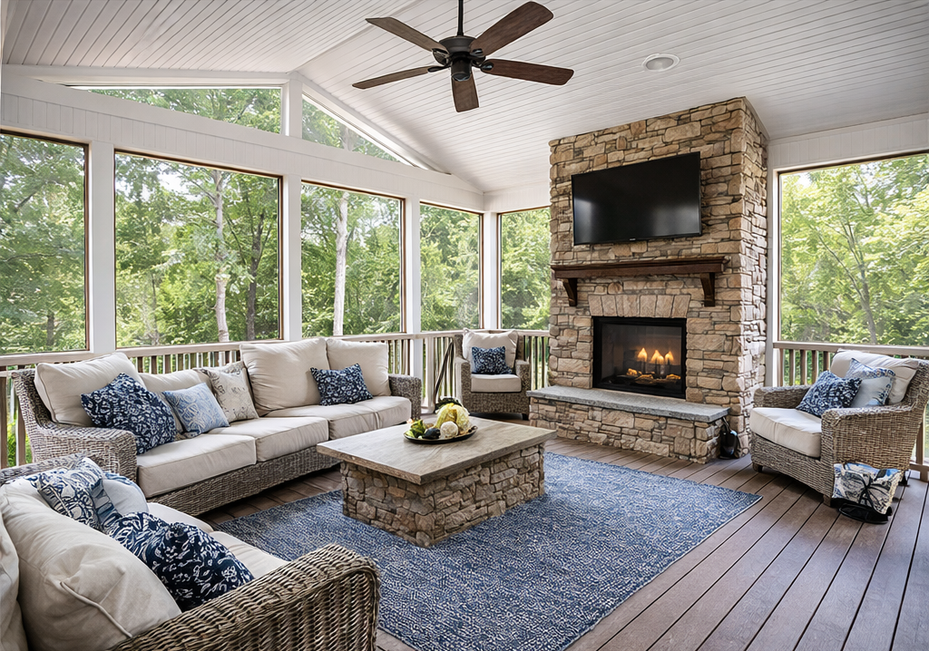 Sunroom with large windows, white ceiling with ceiling fan, stone fireplace with TV mounted above, wicker sofas with blue and white pillows, stone coffee table, blue rug, and lots of green trees outside.