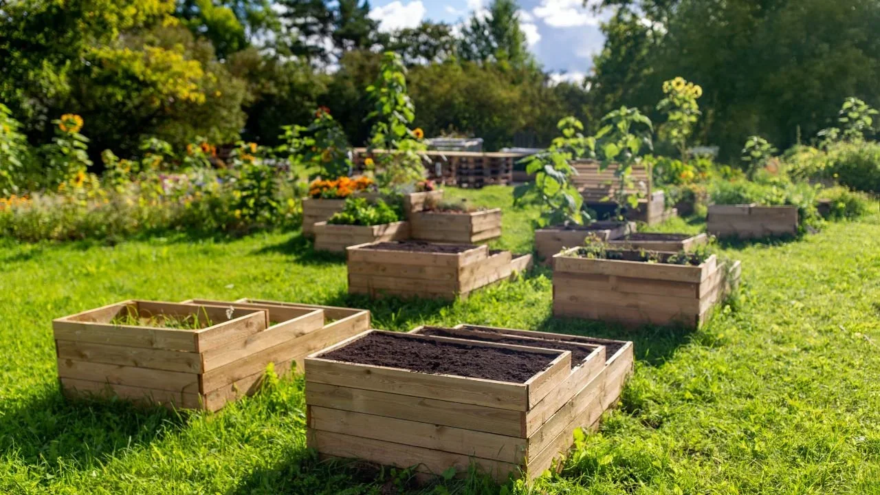 DIY raised crop boxes made from affordable materials for a small homestead garden