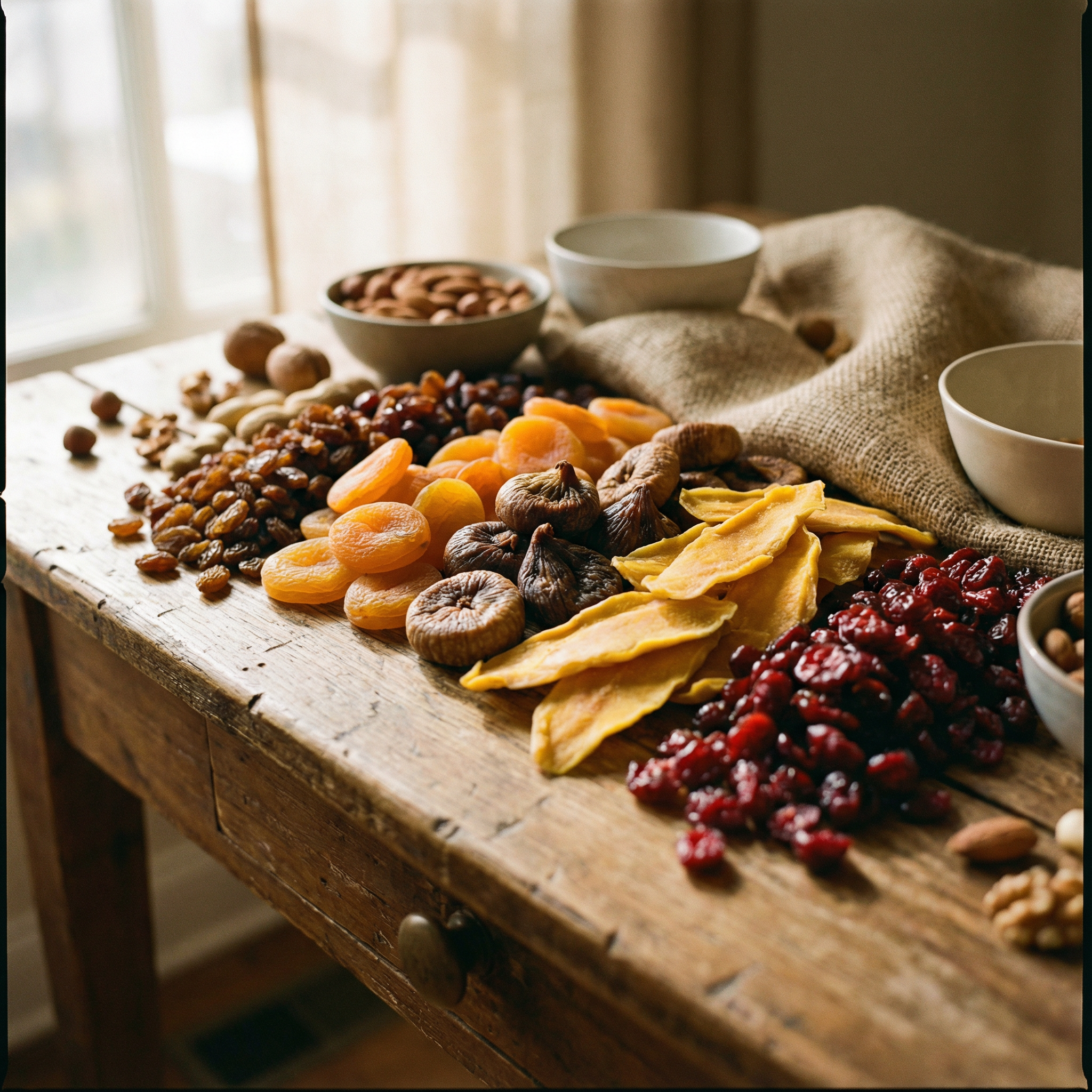 A selection of dried fruits arranged together, including raisins, apricots, and other preserved fruits.