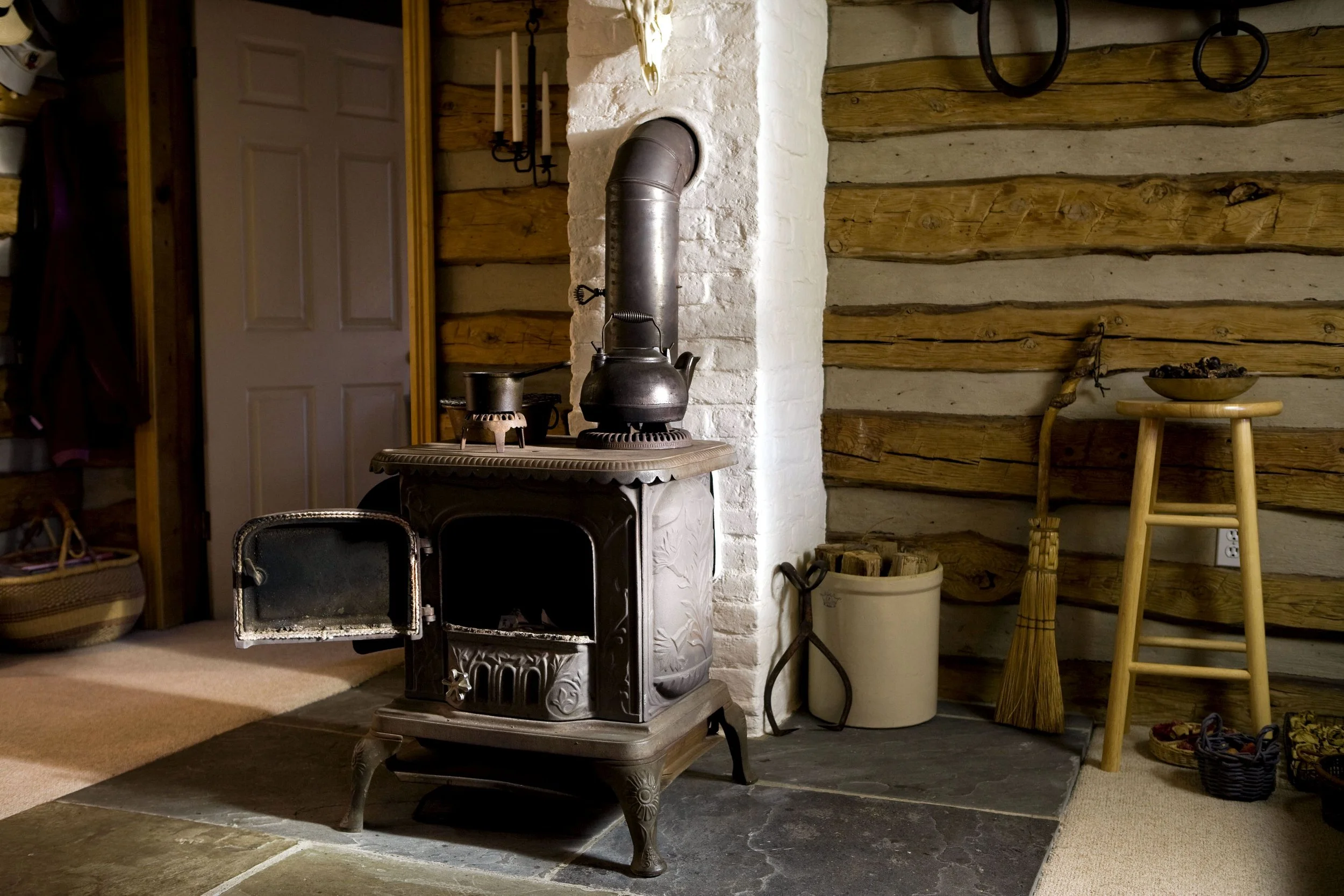 wood stove used for heating a small off-grid cabin without electricity
