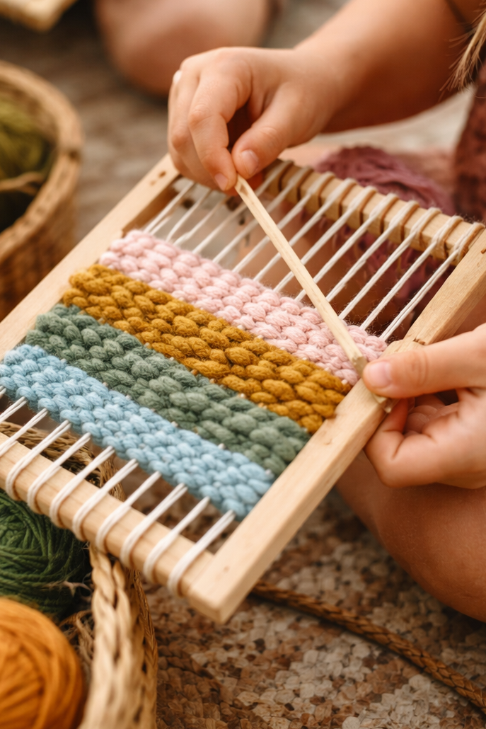 A person weaving colorful yarn onto a small wooden loom, with various balls of yarn nearby.
