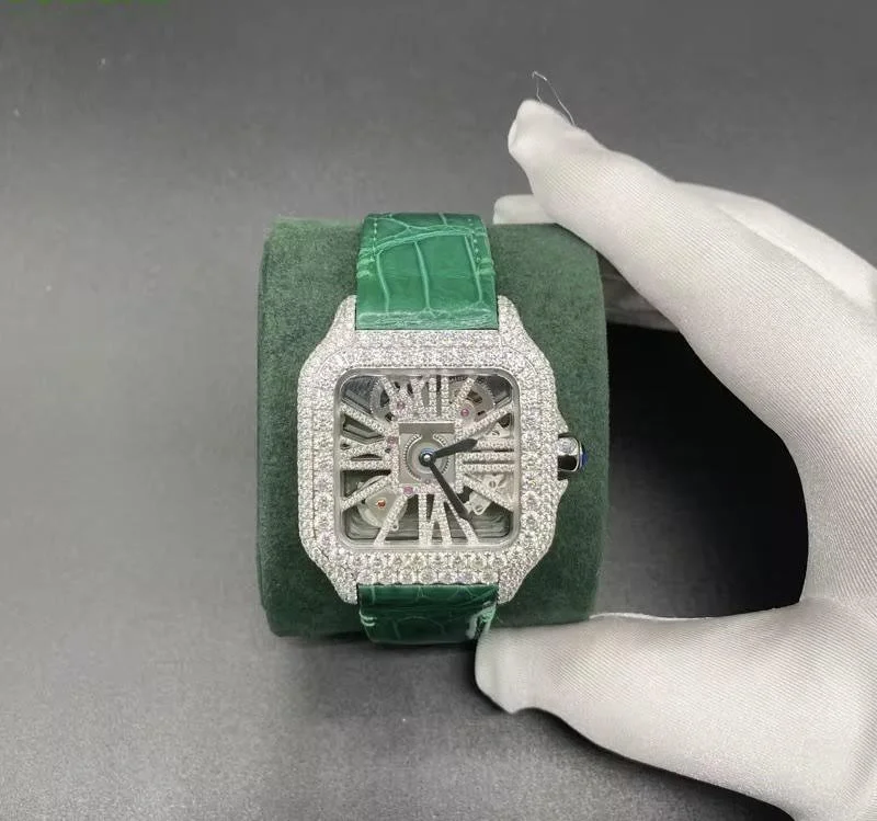 VVS 3.3ct Moissanite Skeleton Santos Large Green Leather