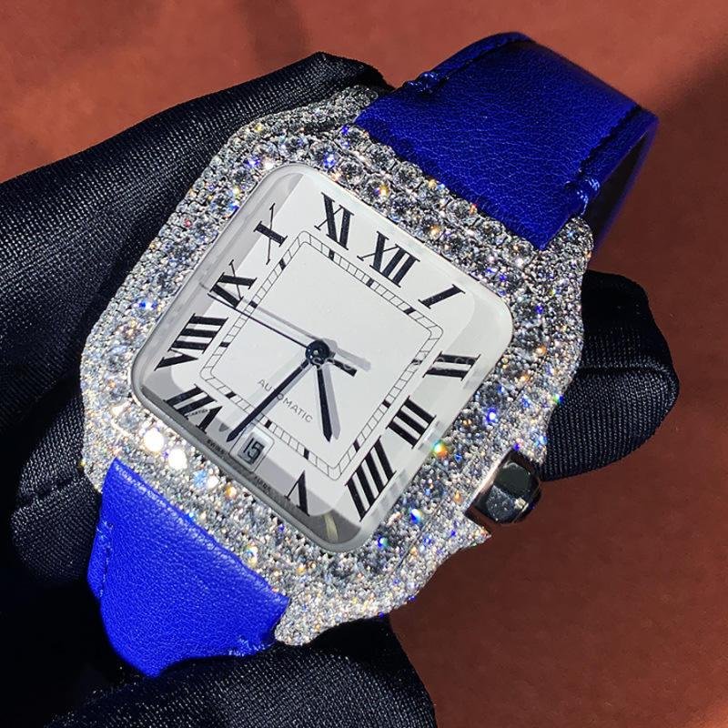 VVS 3.3ct Moissanite Santos Large Blue Leather