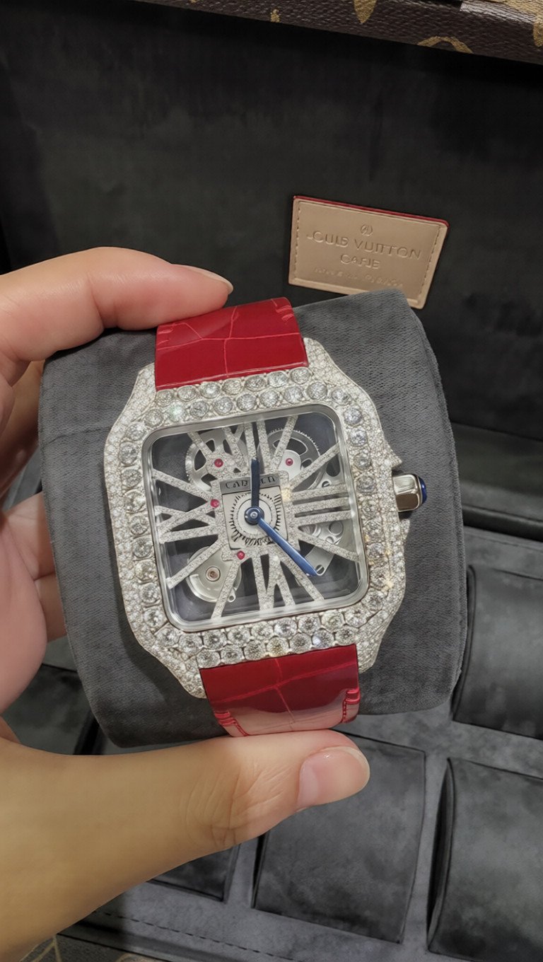 16ct VVS Moissanite Skeleton Santos Red Leather