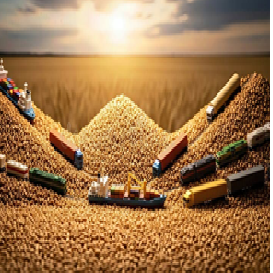 Montículo de arena con barcos de juguete y pequeños objetos en un campo, bajo un cielo nublado con el sol al atardecer.