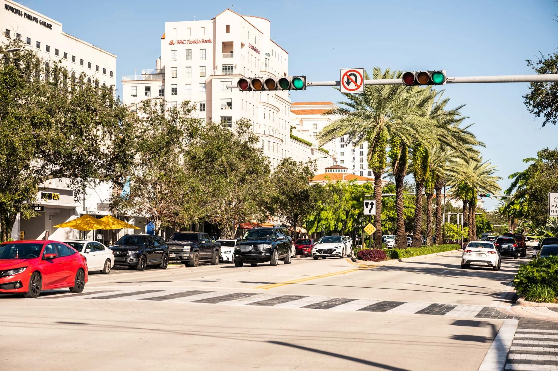 City street with cars waiting at a red light, lined with palm trees and buildings in the background, under a clear blue sky.