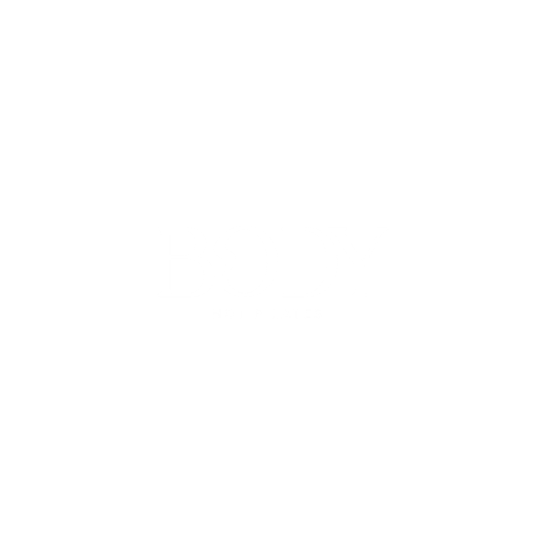 Black and white logo with a woman practicing pilates on the left, the text 'BODY' in large font in the center, and 'HOT PILATES' below in smaller font.