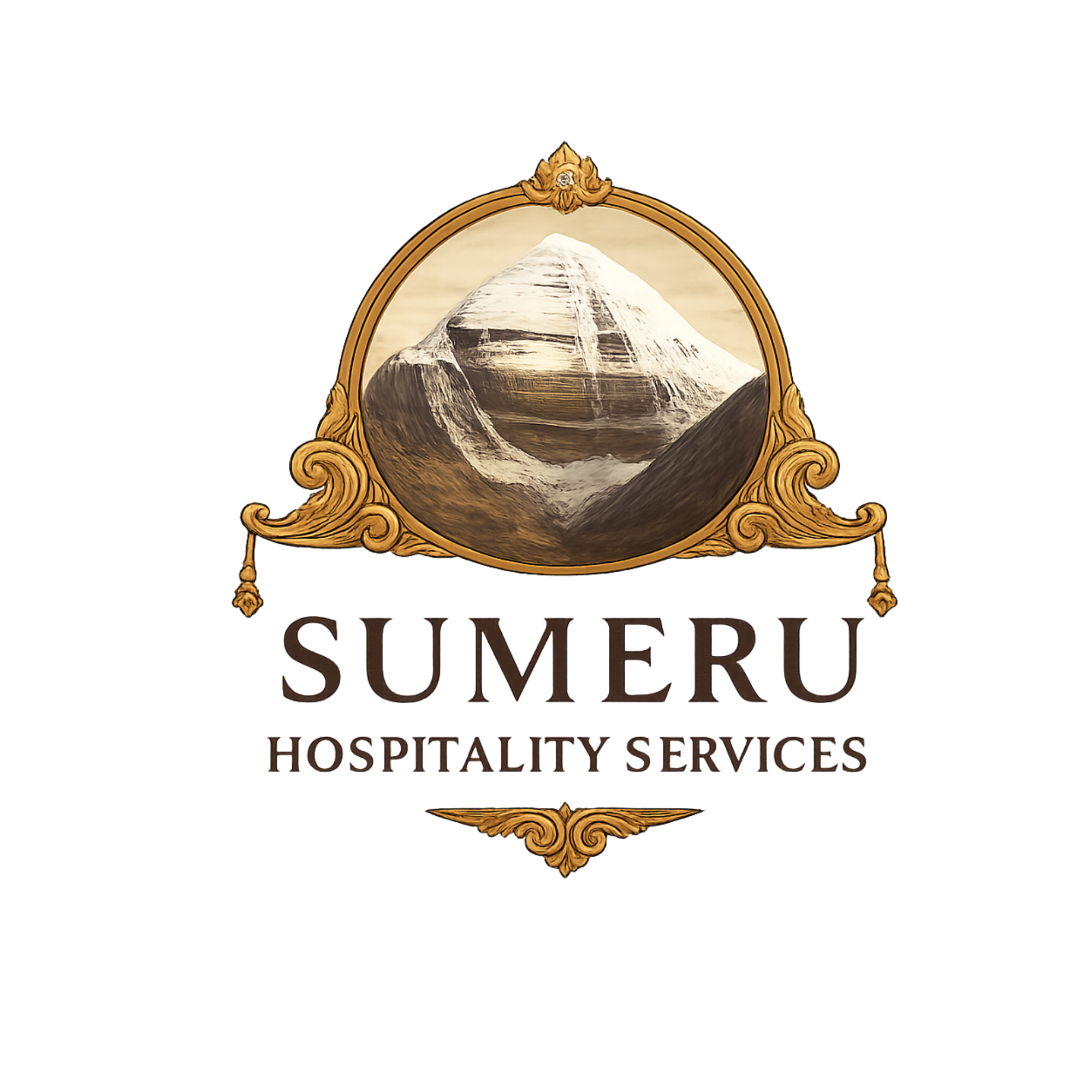 Logo for Sumeru Hospitality Services featuring a drawing of a mountain with snowcap enclosed in an ornate gold frame, with the company name below.