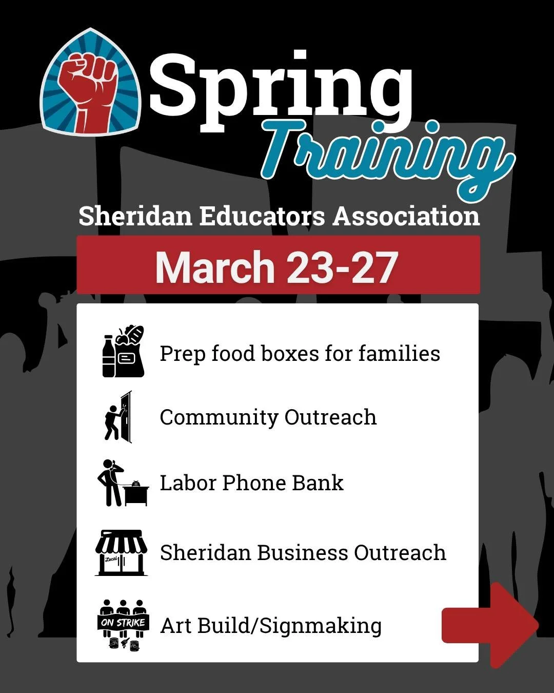 Tomorrow, we begin Spring Training. A full week of action to get organized, stay connected, support one another, and prepare to strike if the district continues down this path. This week is for our members, our families, our community, and every ally