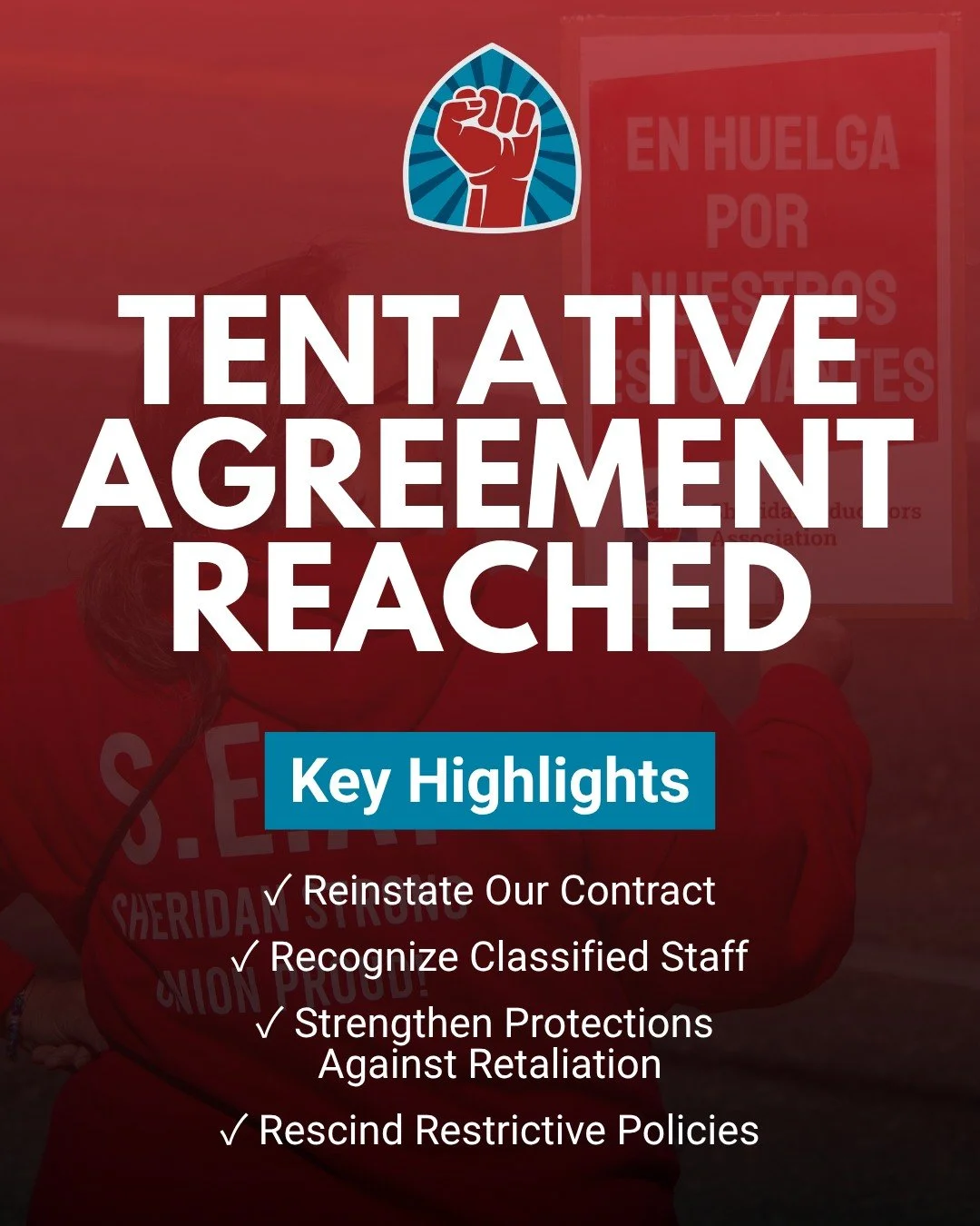 After 17 days on strike, SEA members have reached a tentative agreement.

This was not accomplished alone. It happened because Sheridan educators stayed united, and because families, students, community members, and union siblings stood with us every