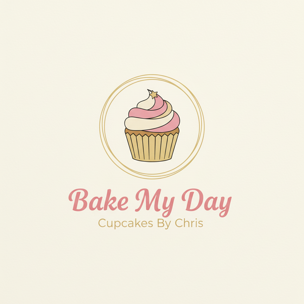 A logo with a cupcake topped with pink and white frosting and a star on top, surrounded by gold circular lines, with the text 'Bake My Day' in pink and 'Cupcakes By Chris' in gold.