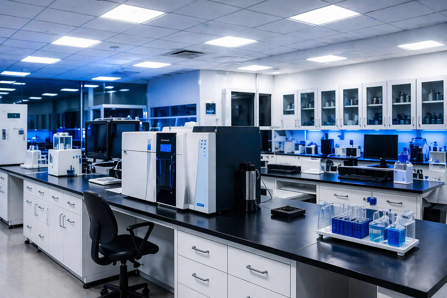 Laboratory with scientific equipment, computers, and storage cabinets, illuminated by ceiling lights, in a clean and organized environment.