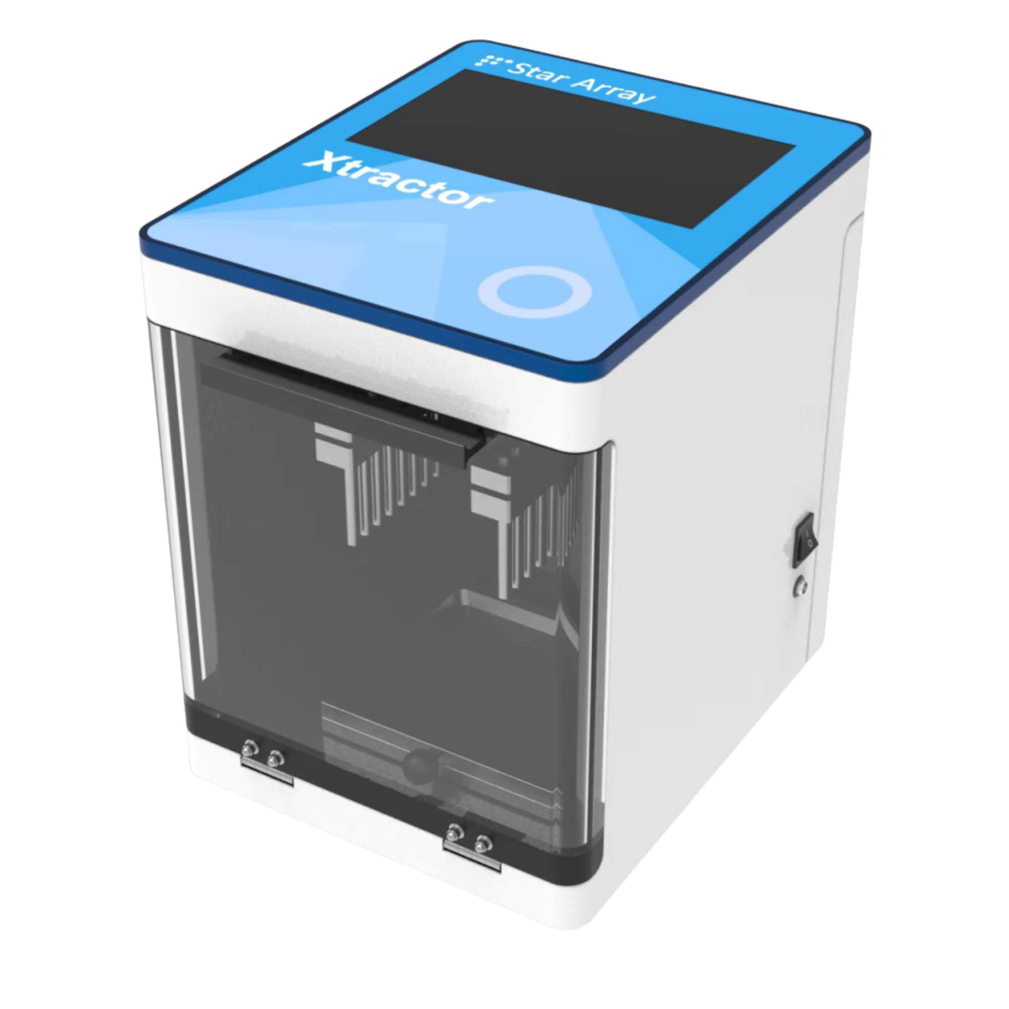 A blue and white Xerox stapler with a black handle on top.