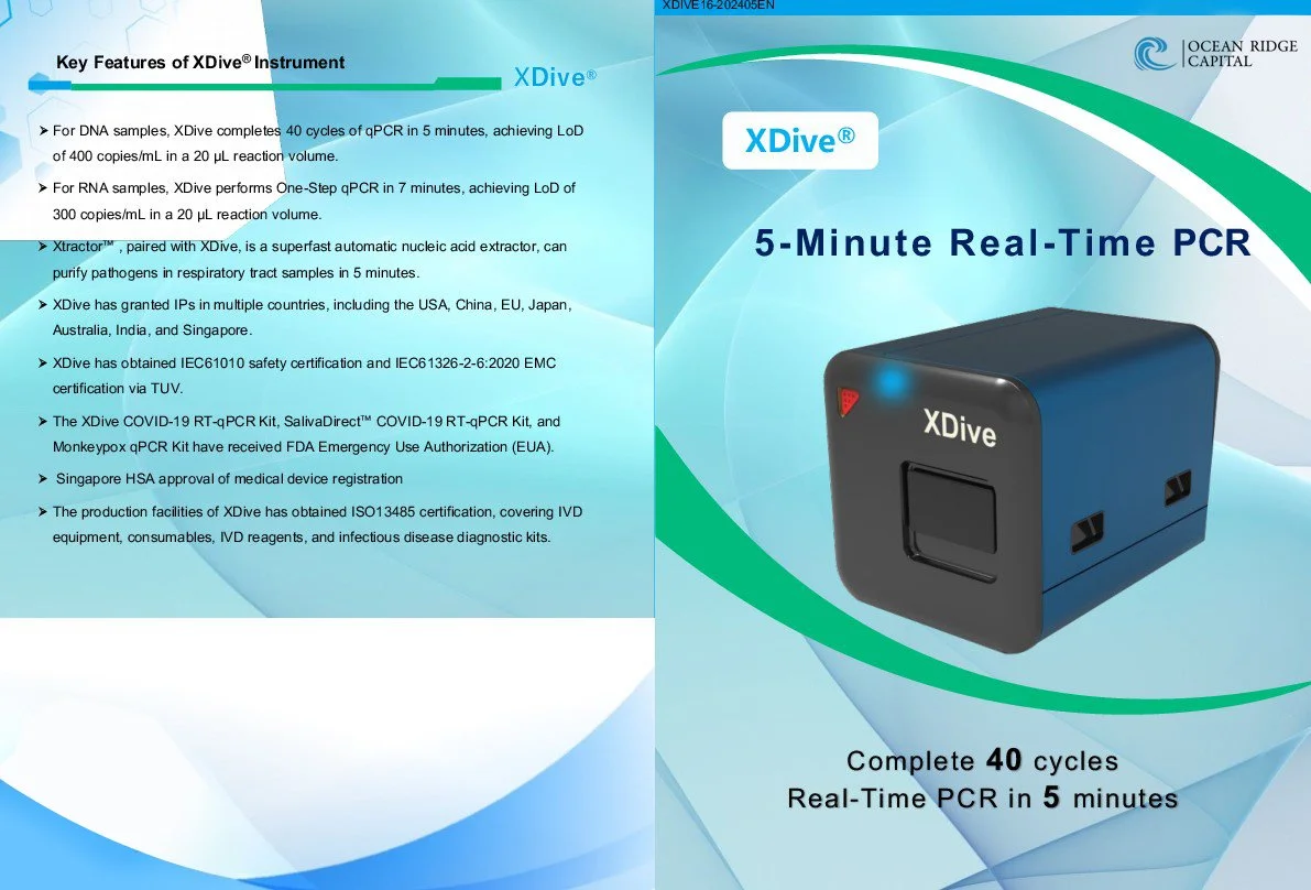 A promotional brochure for the XDrive COVID-19 test kit by Ocean Ridge Capital, featuring a 3D image of the XDrive device, highlighting its ability to perform 40 cycles of real-time PCR in 5 minutes, with key features and certifications listed.