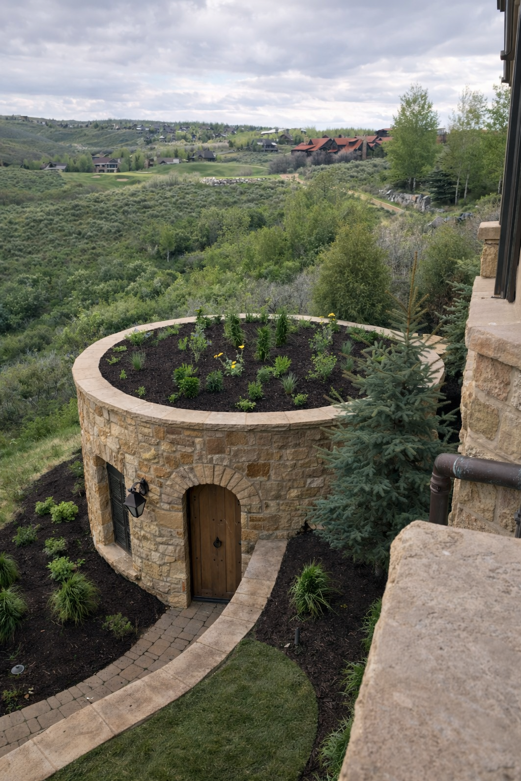 Stone structure with a rounded rooftop garden filled with plants, located on a hillside overlooking a lush green landscape with houses and trees, cloudy sky overhead.