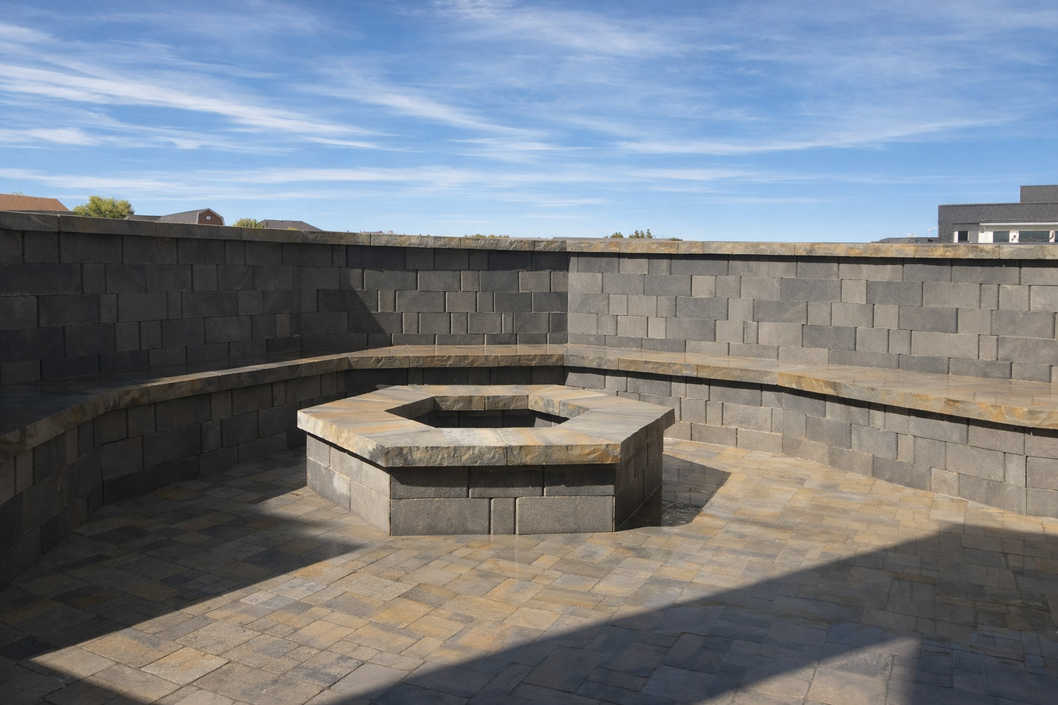 Outdoor patio with a circular fireplace made of gray bricks, surrounded by a low wall of gray bricks, under a blue sky with wispy clouds.
