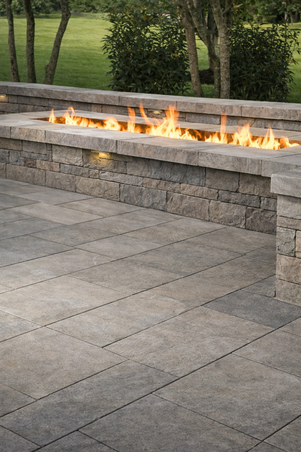 A modern outdoor stone fire pit with flames, set on a paved patio with a grassy yard and trees in the background.